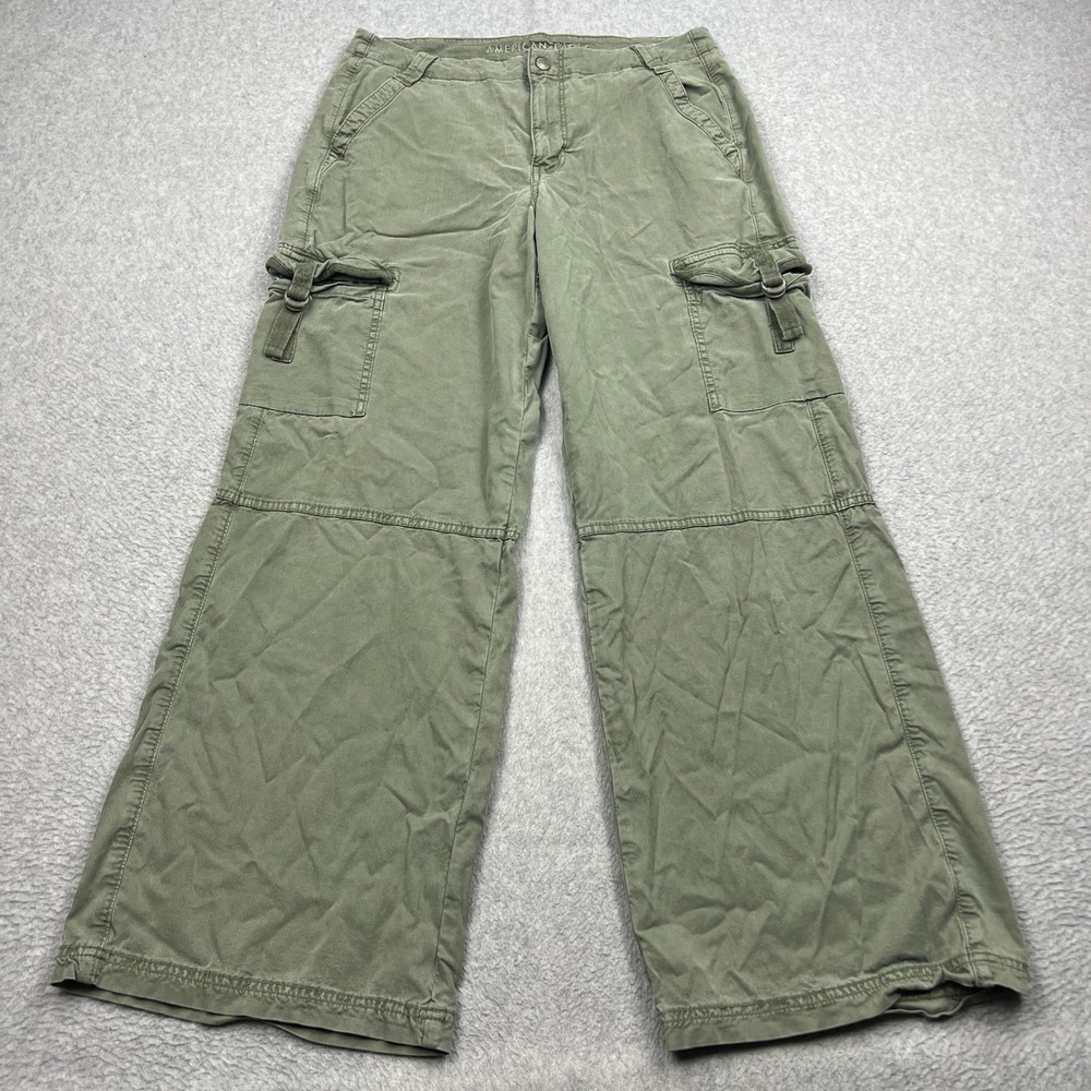 American Eagle Super High Rise Baggy Wide Leg Cargo Pants Womens 10 Green Loose